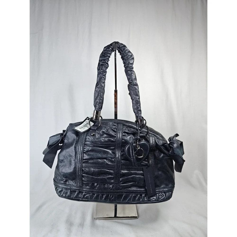 bebe Jagger Black Cowhide Leather Ruched Bow Satchel Shoulder Bag Purse NWT